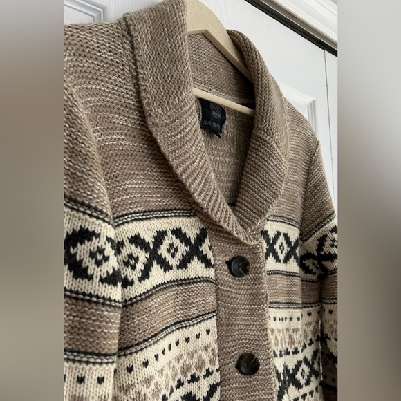 SANSARA Wool Blend Beige Fair Isle Chunky Knit Nordic Sweater Cardigan Sz Medium - Picture 2 of 6